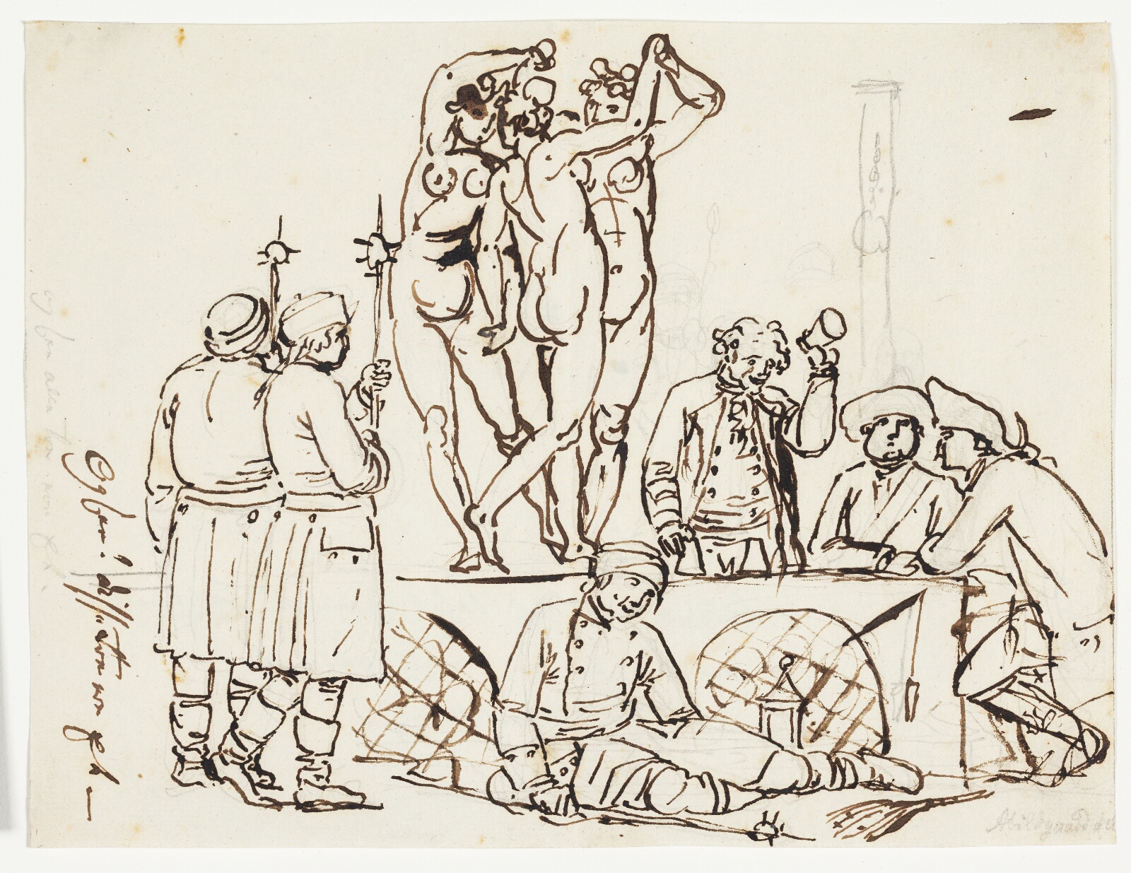 Nicolai Abildgaard, Satire over at politiet og tallotteriet havde bolig på Charlottenborg sammen med Kunstakademiet. Folk fra tallotteriet og vægtere ses sammen med de tre gratier